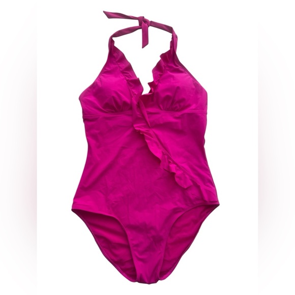 Spanx ASSETS Halter Glamour Ruffle One 1-Piece SwimSuit Size XL Fuchsia - Picture 1 of 3